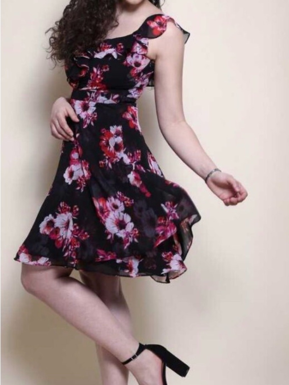 White House Black Market Black Floral Ruffle Mini Dress